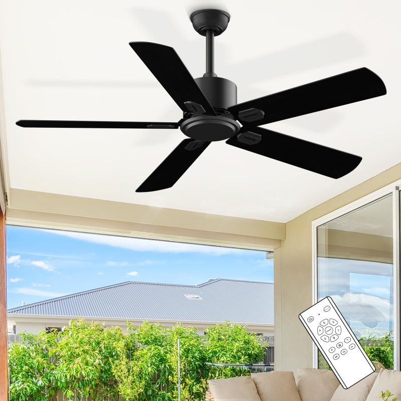 Photo 1 of Ceiling Fan with Remote, 52-Inch outdoor/Indoor Black Fan with 6 Speeds Quiet Reversible DC Motor, Modern Ceiling Fans No Light 5 Blades for patios bedroom Living Room, 01