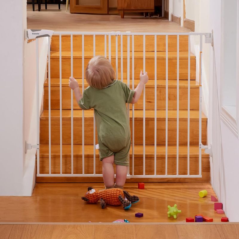 Photo 1 of Babelio 34" Extra Tall Baby/Dog Gate with No Threshold Design Walk Thru Door, 26-43" Auto Close Safety Gate for Babies, Elders and Pets, Fits Doorways, Stairs, and Entryways, Brown Wood Pattern Boundless - Brown Wood Pattern 26-43" Wide, 34" Tall