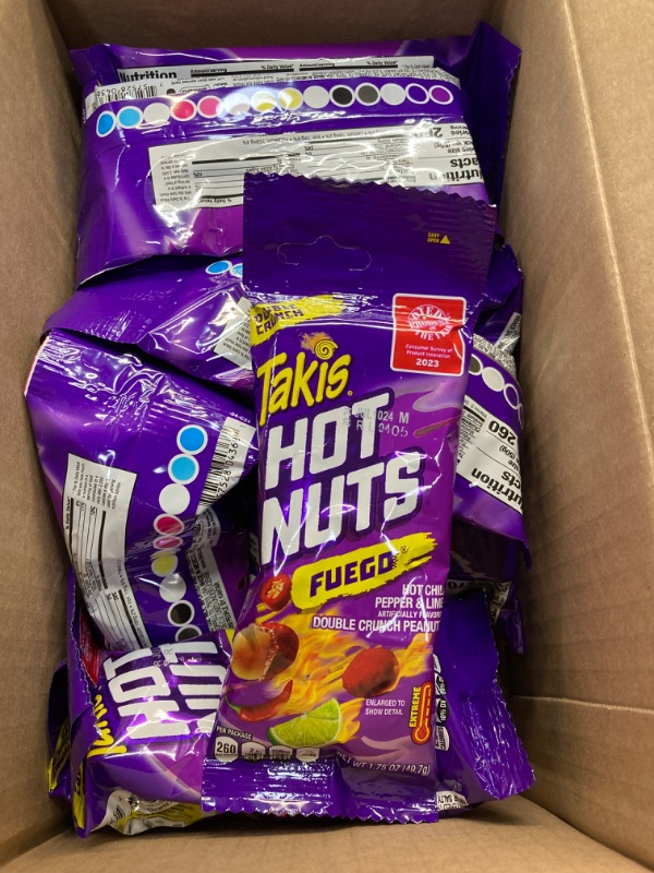 Photo 2 of **Expires July 10, 2024** Takis Hot Nuts Fuego (12) and Flare (6) Double Crunch Spicy Peanuts, Hot Chili Pepper Lime and Chili Pepper Lime Flavored Peanuts Variety Pack, 18 Individual Bags, 1.75 Ounces Each Fuego & Flare 1.75 oz (Pack of 18)