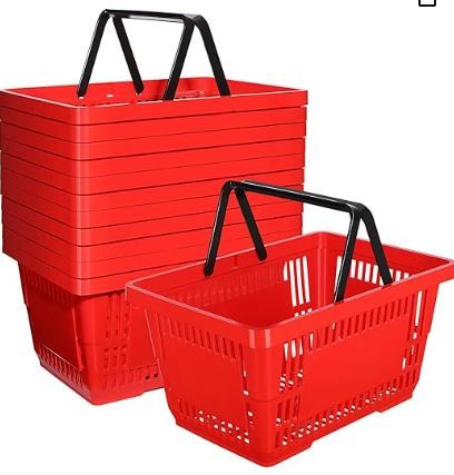 Photo 1 of 12 Pcs Shopping Baskets 20 L Plastic Shopping Baskets with Handles 16.9 * 11.8 * 9.1 Inches Store Baskets Retail Baskets with Handles for Market Grocery Supplies Thrift Convenience Storage (Red)