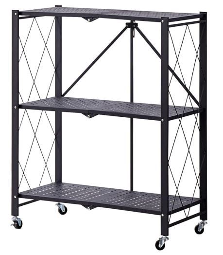 Photo 1 of Folding Shelf 3 Tier,Folding Bookshelf,Foldable Shelf,Metal Folding Storage Shelves with Wheels and Hook,Sturdy,No Assembly Folding Shelf Unit for Kitchen,Living Room,Study,Greenhouse(Green) Green 3-Tier