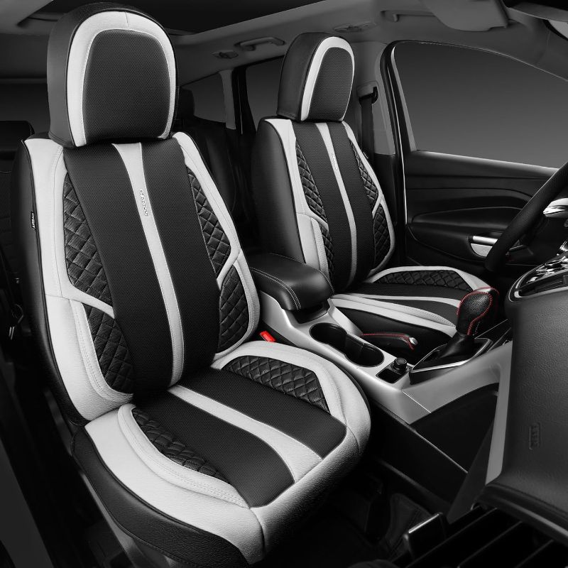 Photo 1 of Limited-time deal: CAR PASS Nappa Leather Car Seat Covers Off White Front Seats only Cushioned, Waterproof Luxury Leatherette Protector, Universal Fit for Cars,SUV,Truck,Vehicles,Sport Front 2 Seats Black and Off-White https://a.co/d/f1Oeh4K