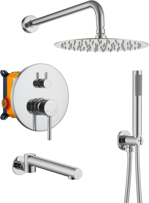 Photo 1 of 10 Inch Shower Faucets Sets Complete with Swivel Tub Spout Rainfall Shower Head System with Handheld Shower Head, Square Fixed Shower Head, Rough-in Valve Body, Trim Kit, Chrome