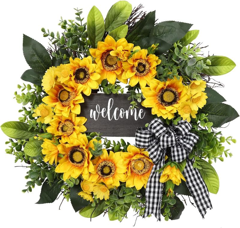 Photo 1 of Sunflower Wreath with Welcome,Summer Fall Wreath for Front Door, Unique Housewarming Gift,mother'day Gift,Farmhouse Porch Decor,Sunflower Wall Decor,Wedding Favors,Year Round wreaths-20inch
