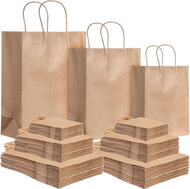 Photo 1 of 300 Pcs Tote Bags 3 Sizes Paper Bag with Handle Recyclable Small Kraft Paper Gift Bag Shopping Paper Bag Retail Paper Bag Food Service Tote Bags Merchandise Bag for Business (Brown)
