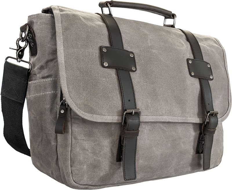 Photo 1 of Canvas Messenger Bag for Men, Laptop Case, Satchel | Office Professionals, School Students, Travel | Waxed Canvas, Genuine Leather, Smoked Metal Hardware | Trolley Sleeve
