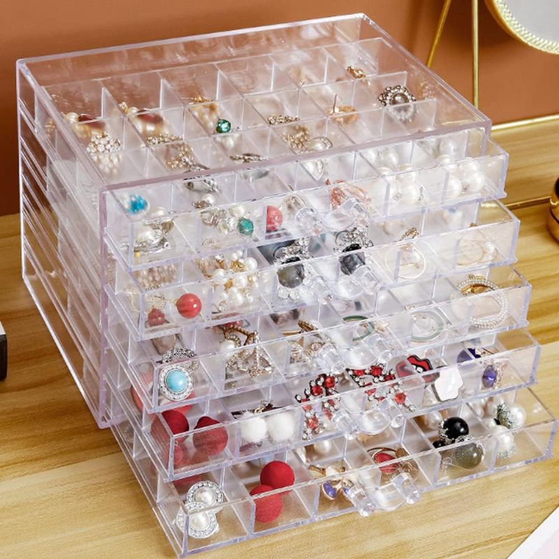 Photo 1 of Earring Storage Box Acrylic Jewelry Storage Holder Ring Clear Plastic Transparent Jewelry Display Stand with 5 Drawers 120 Small Compartment Tray for Women Girls
