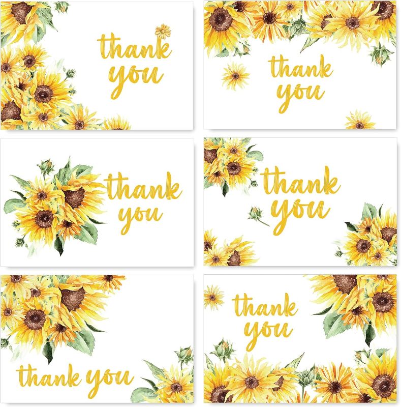 Photo 1 of AnyDesign Sunflower Thank You Cards Bulk 36 Pack Thank You Notes with Matching Seal Stickers White Envelopes Watercolor Summer Floral Greeting Cards for Wedding Baby Shower Bridal Birthday Party
