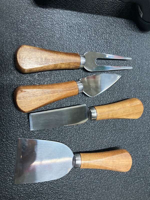 Photo 2 of 4 Piece Cheese Knives Set with Wooden Handle, Mini Steel Stainless Cheese knife set for Charcuterie and Cheese spread, Perfect for Cheese Slicer and Butter Cutter