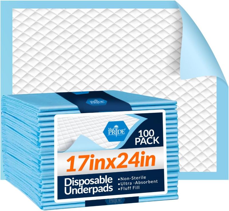 Photo 1 of Medpride Disposable Underpads 17'' x 24'' (100-Count) Incontinence Pads, Bed Covers, Puppy Training | Thick, Super Absorbent Protection for Kids, Adults, Elderly | Liquid, Urine, Accidents