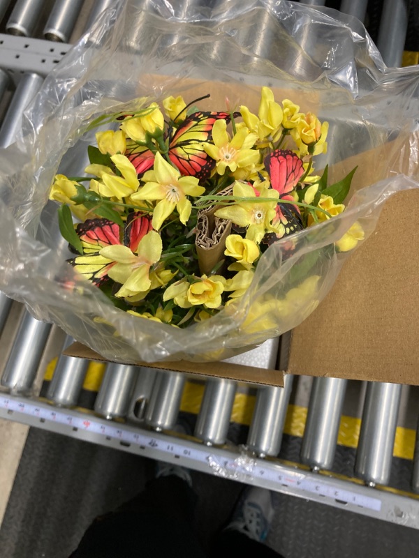 Photo 2 of Artificial Freesia Bouquet in Ivory Ceramic Vase, Silk Flower and Butterfly Arrangements for Table Centerpiece Decoration (Freesia)
