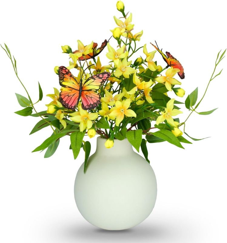 Photo 1 of Artificial Freesia Bouquet in Ivory Ceramic Vase, Silk Flower and Butterfly Arrangements for Table Centerpiece Decoration (Freesia)
