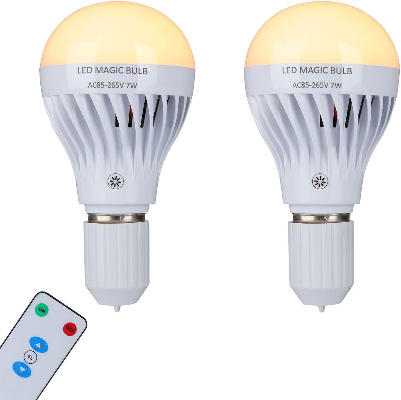 Photo 1 of BSOD Rechargeable Light Bulbs, LED Magic Bulb with Remote Controller Warm White Emergency Lamp Without Electricity Battery Operated Light 7W Bulb E26 for Home Indoor Lighting (Warm White 2 Pack)
