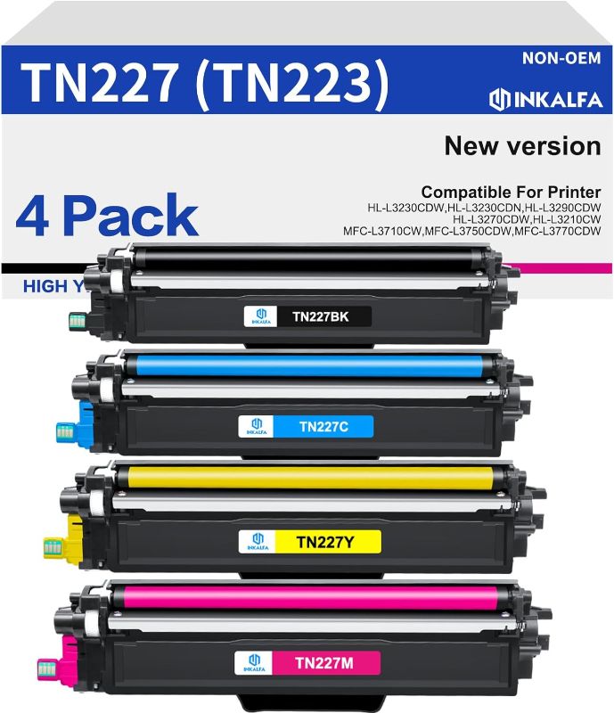 Photo 1 of TN227 High Yield Toner Cartridge 4 PACK TN-227 TN-223BK/C/M/Y: Replacement for Brother TN223BK/C/M/Y TN223 TN 223 MFC-L3770CDW HL-L3290CDW MFC-L3750CDW MFC-L3710CW HL-L3270CDW Printer (TN-227BK/C/M/Y)
