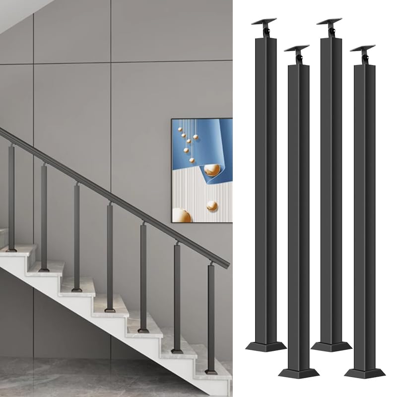 Photo 1 of Black Stair Baluster Posts - Square Metal Railing Spindles, Banister Column for Deck, Steps, Garden, Outdoor Stairs Remodeling, (Baked Paint, Front Mount)
