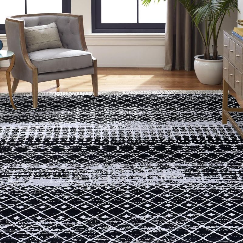 Photo 1 of Washable Ultra-Thin Moroccan Trellis Black and Ivory Area Rug, 8x10 - for Dining Room, Bedroom, and Living Room - Kid and Pet Friendly
