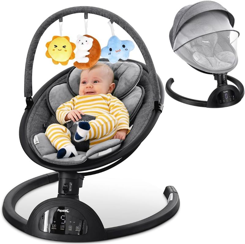 Photo 1 of Papablic Baby Swing, Bluetooth Portable Swing for Infants with 5 Natural Sway Speeds and 3 Recline Positions, Unique Breathable System, Remote Control
