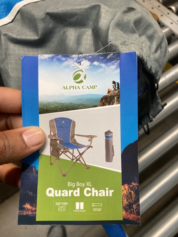 Photo 4 of ALPHA CAMP Oversized Camping Folding Chair Heavy Duty Steel Frame Support 350 LBS Collapsible Padded Arm Chair with Cup Holder Quad Lumbar Back Chair Portable for Outdoor/Indoor Blue Gray