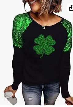 Photo 1 of SIZE MEDIUM St. Patrick's Day T-Shirt Womens Funny Shamrock Printed Sequined Splicing Sleeve Casual Lucky Clover Heart Graphic Tee Tops