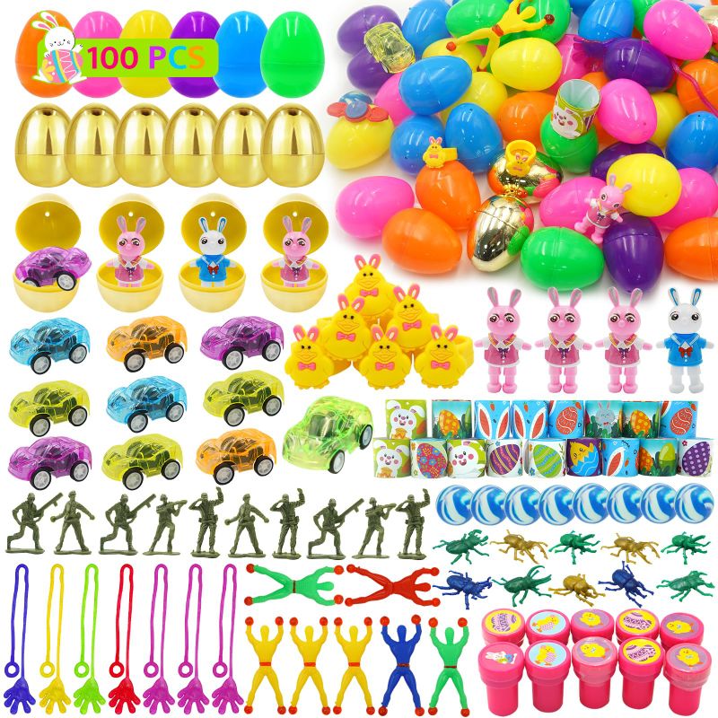 Photo 1 of 100 PCS Easter Prefilled Eggs with Assorted Toys,100 Plastic Easter Eggs Fillers with Fidget Toys, Easter Egg Hunt Filling Easter Basket Stuffers for Kid Toddler Boys Girls Assorted Toy-01