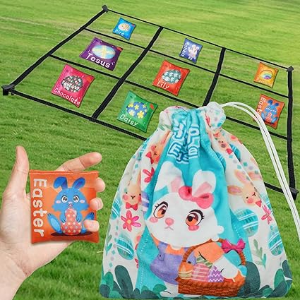 Photo 1 of Easter Bean Bags Toss Game for Toddlers - 2.5 Ft Tic-Tac-Toe Rope & 8 Cute Easter Bunny Eggs Small Cornhole Bags, Easter Basket Stuffers for Boys & Girls, Easter Toys Outdoor Yard Lawn Game