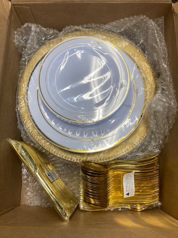 Photo 1 of 150 Pcs Gold Reusable Dinnerware Set 13 Inch Beaded Round Plastic Plates 7.5 Inch 10.25 Inch White Plates with Gold Rim Knives Forks Spoons for 25 Guest Dessert Wedding Party Supplies