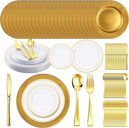 Photo 2 of 150 Pcs Gold Reusable Dinnerware Set 13 Inch Beaded Round Plastic Plates 7.5 Inch 10.25 Inch White Plates with Gold Rim Knives Forks Spoons for 25 Guest Dessert Wedding Party Supplies