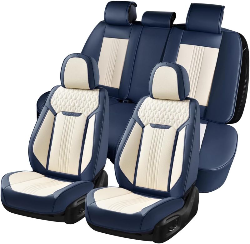 Photo 1 of Coverado Seat Covers Full Set, Car Seat Covers Waterproof, Luxury Leather Seat Cover for Cars, Front Seats and Back Seat Cover, Car Seat Cushion, Car Seat Protector Universal Fit Most Cars,Blue&White
