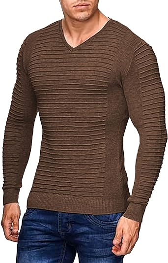 Photo 1 of Beotyshow Mens V Neck Sweater Knit Ribbed Lightweight Cable Pullover Slim Fit Stripe Long Sleeve Sweater