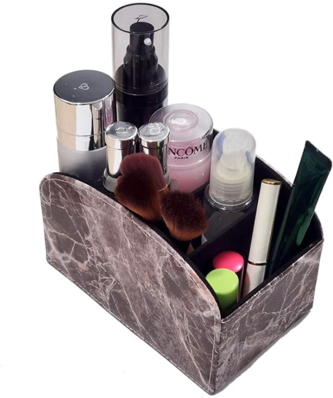 Photo 1 of TV Remote Holder with 4 Wider Compartments, PU Leather Remote Caddy, Office Supplies Desktop Organizer Makeup Brush Holder, Marble Pattern Storage Box for DVD, Media Player, and Mail