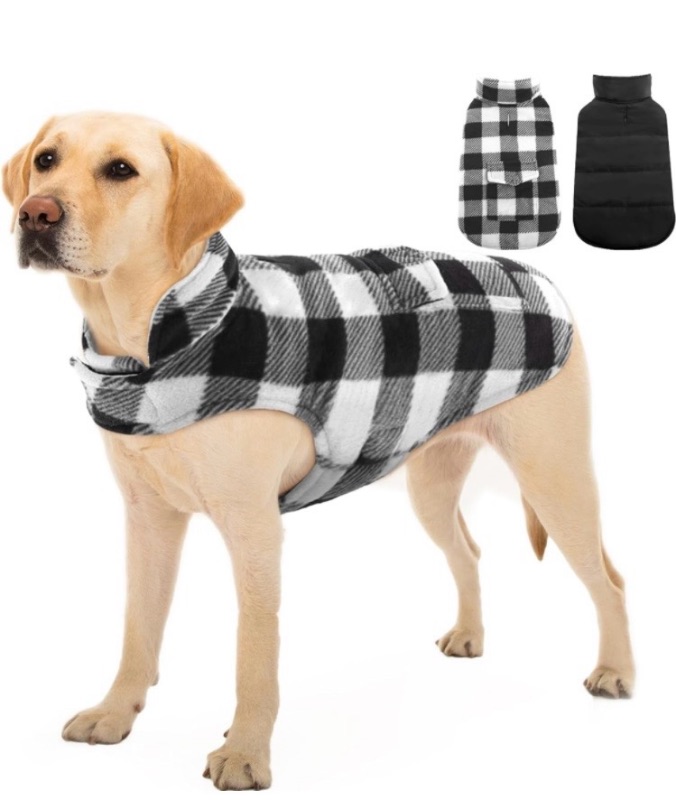 Photo 1 of Kuoser Dog Winter Coat, Windproof Dog Fleece Jacket British Style Plaid Cold Weather Dog Vest Coats, Reversible Cozy Warm Dog Clothes Pet Apparel for Extra Large Size Dogs SMALL