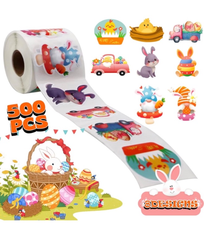 Photo 1 of 500Pcs Easter Stickers,8 Designs Easter Egg Bunny Roll Sticker,Waterproof Self-Adhesive Easter Stickers for Kids, Easter Baskets Cards Gift Boxes Envelope for Easter Party Supplies Decor