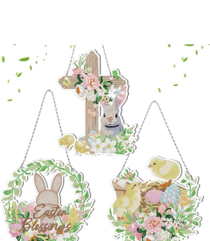 Photo 1 of 3 Pcs Easter Bunny Wreaths Diamond Painting Kits Hanging Easter DIY Round Diamond Art Kits Easter Diamond Painting Kits Spring Ornaments Hanging Sign for Adults Beginners DIY Home Wall