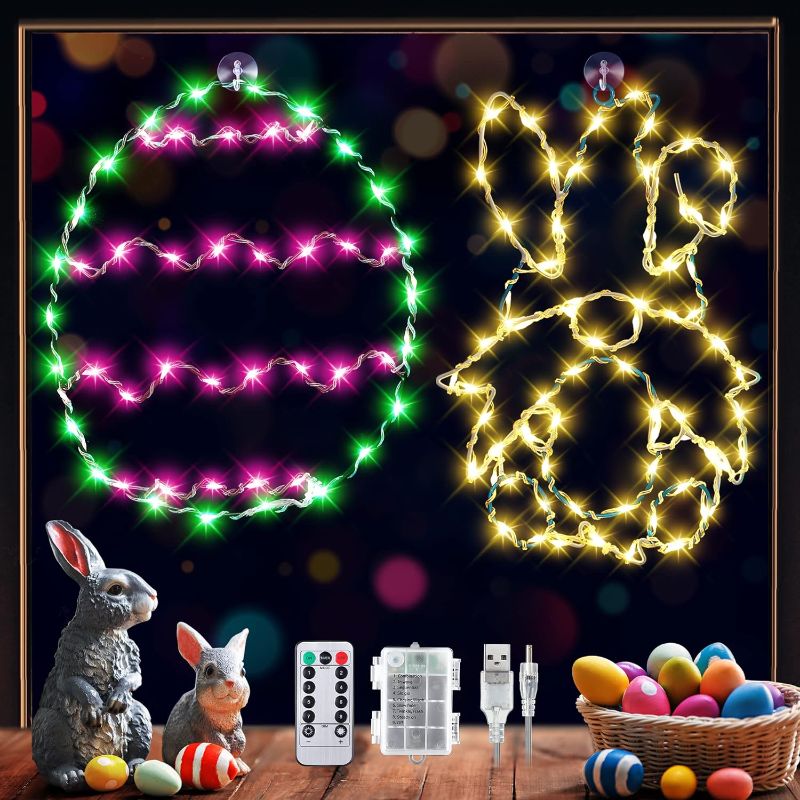 Photo 1 of 2 Pack Easter Egg Bunny Window Colorful Silhouette Lights, with 8 Modes Timer and Battery Operated Control Box, Happy Easter Waterproof LED Lighted Rabbit Egg Party Indoor Outdoor Decor (Egg, Gnome)