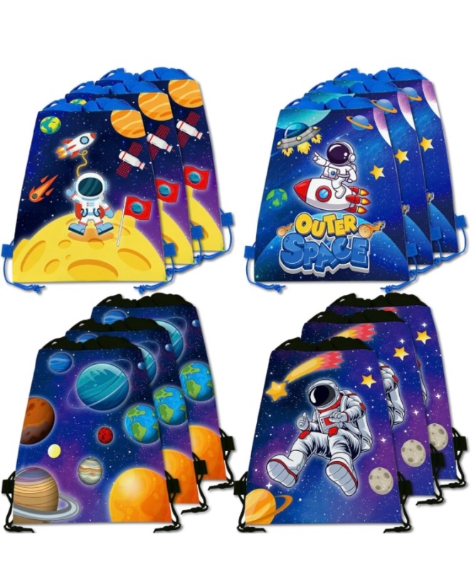 Photo 1 of Cieovo 12 Pack Outer Space Party Favor Decoration Supplies Solar System Treat Gift Drawstring Bag for Galaxy Space Theme Birthday Baby Shower Party Decoration Supplies