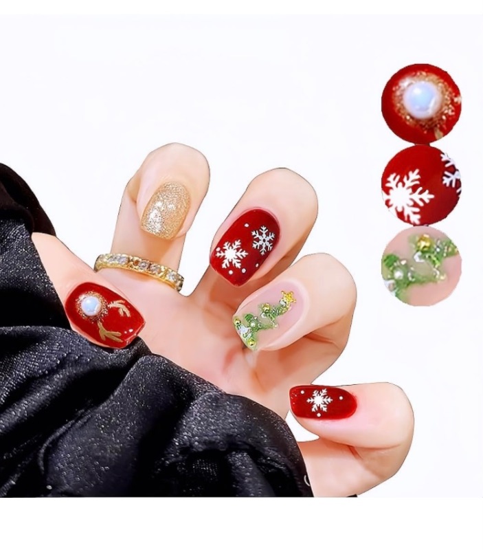 Photo 1 of 24 Sheet Press on Nails Short False Nails with Snowflake Design Acrylic Glue On Nails Short Shiny False Finger Nails Full Cover Red Stick On Nail Tips