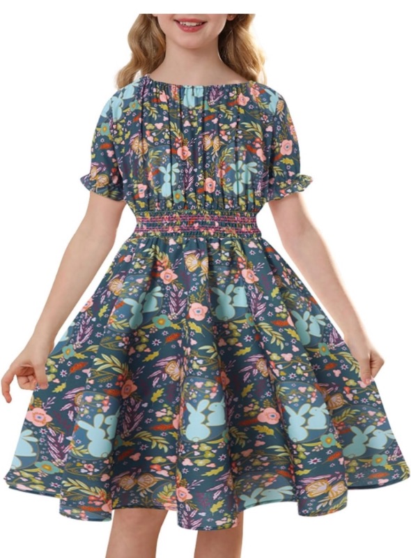 Photo 1 of Girls Floral Smocked Waist Dresses Midi Puff Sleeve Dress with Pockets Size 7-14