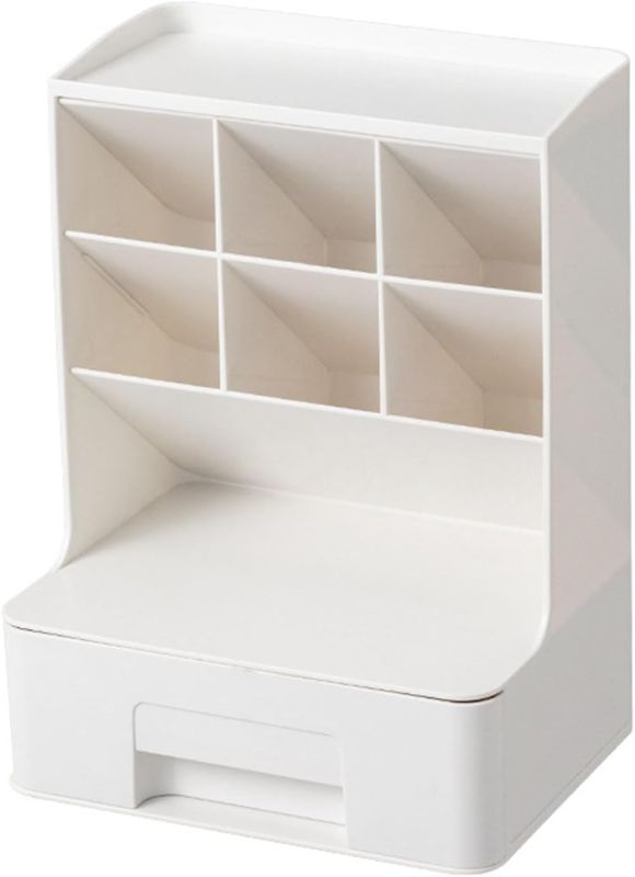 Photo 1 of Desktop Storage Box,Desktop Storage Organizer with Drawer Multi Compartments Desk Organizer Office Supplies Caddy Stationary Organizer Desk Caddy(White)