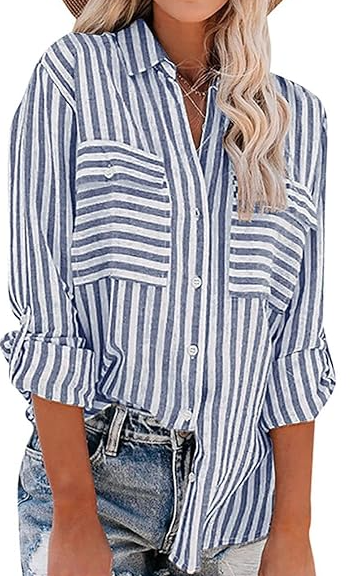 Photo 1 of Women Casual Button Down Blouse Striped Shirts V Neck Long Sleeve Roll Up Cuffed Sleeve Work Tops with Pockets, Large