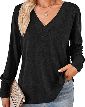 Photo 1 of Rooscier Women's V Neck Drop Shoulder Long Sleeve Loose Fitting Casual Tunic Tops, Large