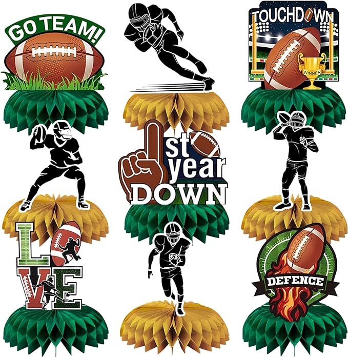 Photo 1 of 9Pcs Football Party Decorations, 3D Football Honeycomb Centerpieces, Football Centerpiece Party Supplies, Sports Football Birthday Party Table Centerpieces Decorations for Boys Table Topper Sign Decor