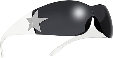 Photo 1 of | 2000s Rimless Star Glasses for Women and Men - Shield Shades Wrap Around Oversized (2000s Y2K Trendy Outfit) Carbon Black + Black Shade