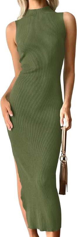 Photo 1 of Women's Summer Sleeveless Knit Maxi Dresses Mock Neck Ribbed Side Slit Casual Formal Bodycon Tank Midi Dresses Large Green