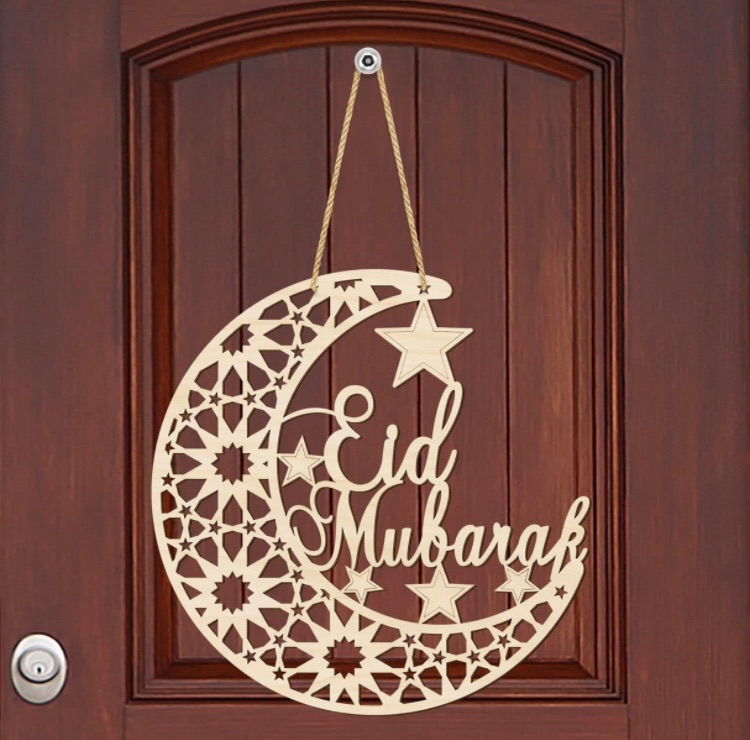 Photo 1 of Eid Mubarak Door Sign Wooden Hanging Signs, Ramadan Kareem Hollow Ornament Decorations Moon and Stars, Moon Shape Ramadan Mubarak Party Wood Wall Hanger for Islamic Muslim Home Decor Large Size 4 PCS 