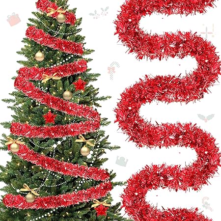 Photo 1 of 118 Feet Christmas Tinsel Garland Glitter Tinsel Twist Garland Metallic Christmas Tree Garland Shiny Hanging Ceiling Garland Decorations for Indoor Outdoor Holiday Party (Red) 17 pcs 