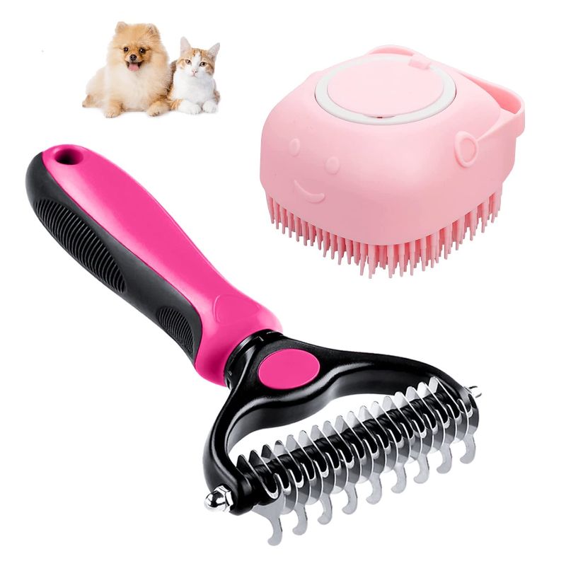 Photo 1 of Dog Brush + Dog Bath Brush with 80ml Shampoo Dispenser (2 in 1) | Double Sided Shedding, Grooming Brush | Undercoat Dematting Scrubber for Cats and Dog | Super Soft Washing & Massage Brush | Pink https://a.co/d/0cYsaR4o