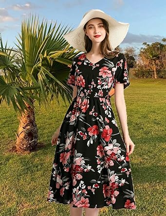 Photo 1 of Chiffon Floral Summer Sun Beach Dresses for Women 2023 with V Neck Elastic Waist https://a.co/d/03p7Os1q