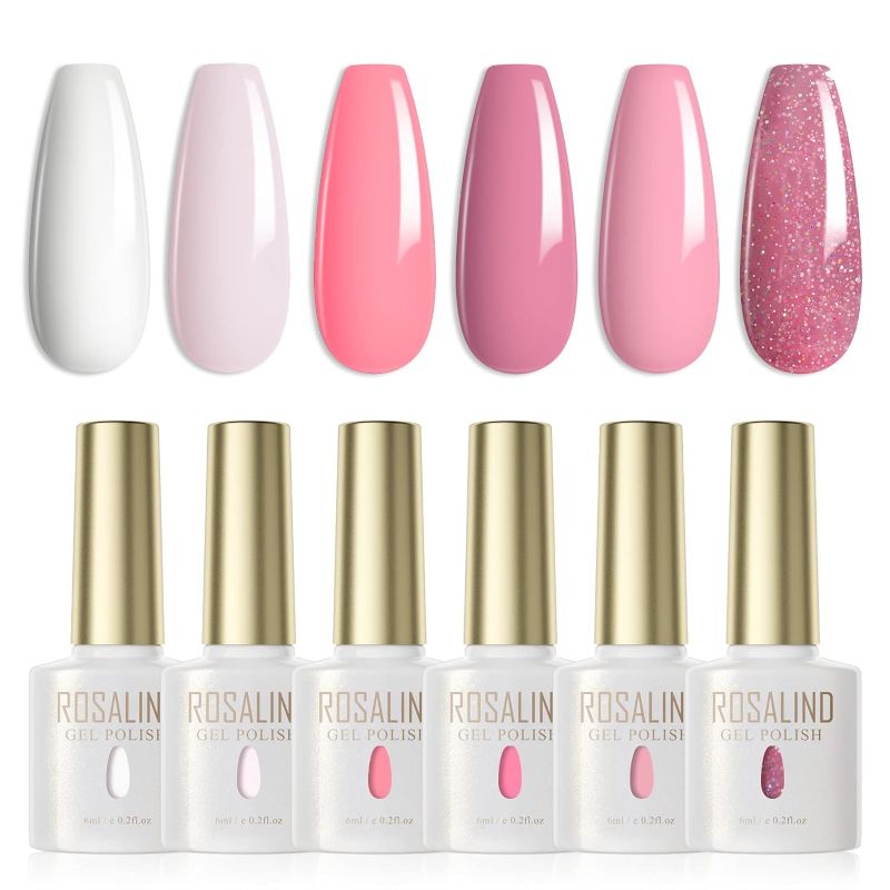 Photo 1 of ROSALIND White Pink Gel Nail Polish Set, 6 PCS Light Pink Gel Polish Set Soak Off Long-Lasting Glitter Pink Nail Gel Polish Nail Art Design https://a.co/d/01vp2qcj