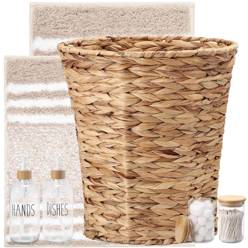 Photo 1 of ***(BASKET ONLY)***
7PCS 3.5 Gallon Wicker Trash Can Wicker Waste Basket Handwoven Seagrass Trash Can, Small Round Waste Basket,2 PCS Bath Rugs, 2 PCS 16OZ Glass Soap Dispenser, Qtip Holder