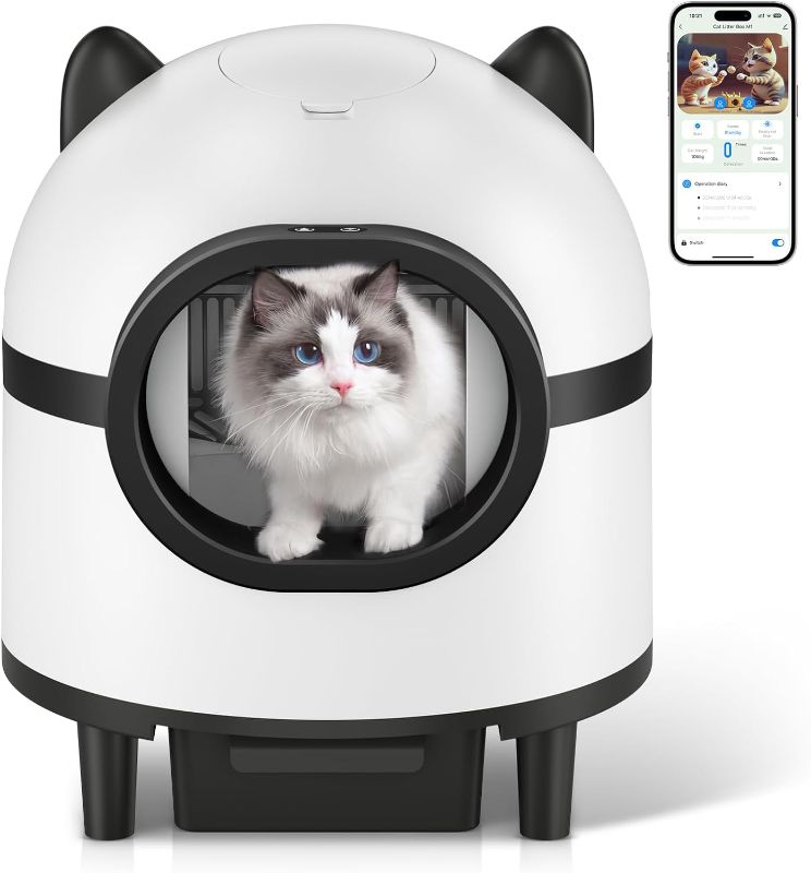 Photo 1 of ***MISSING PARTS**** Amztoy Self Cleaning Cat Litter Box, Large Automatic Cat Litter Box for Multiple Cats with APP Control Odor Removal Safety Protection 2 Rolls Garbage Bags, White & Black